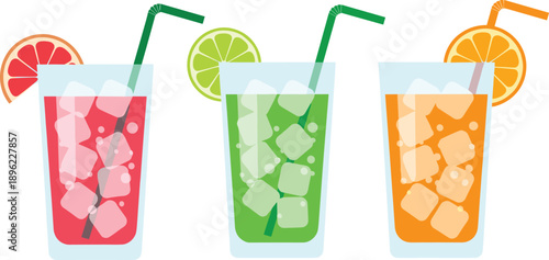 Fresh summer cocktails set with citrus slices, ice cubes, straws, colorful fruit juice drinks, vector illustration