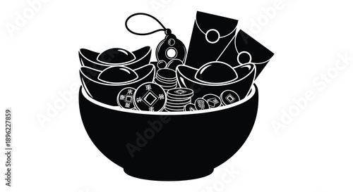 Black and white silhouette of a bowl filled with various objects