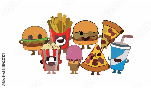 Realistic junk food vector illustration set with burger pizza fries and fried chicken