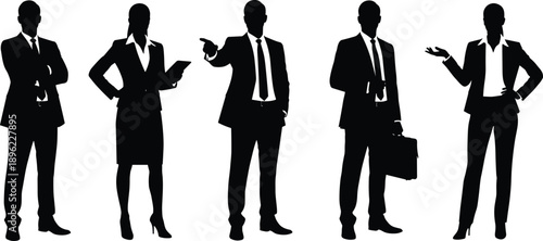 Professional business people silhouettes in suits standing in various poses, team of corporate office workers, isolated vector illustration