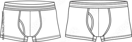 Two line art illustrations of men's boxer briefs, front and side views, showcasing underwear design and men's fashion.