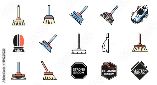 Collection of Various Broom Illustrations and Icons.