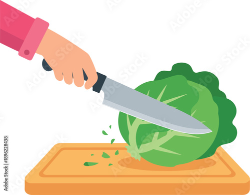 A hand is cutting fresh green cabbage with a kitchen knife on a wooden chopping board