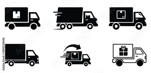 Express shipping vector icon collection featuring 24-hour delivery, fast transport van and truck symbols