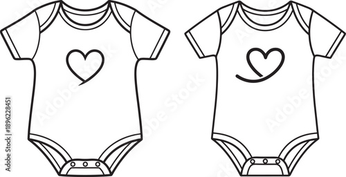 Two line art illustrations of baby onesies with hearts, representing infant clothing, love, and new beginnings.