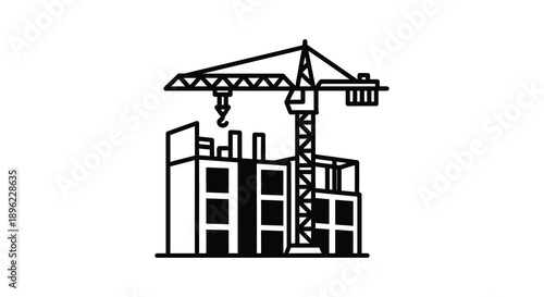 Construction crane and building outline in a striking black silhouette