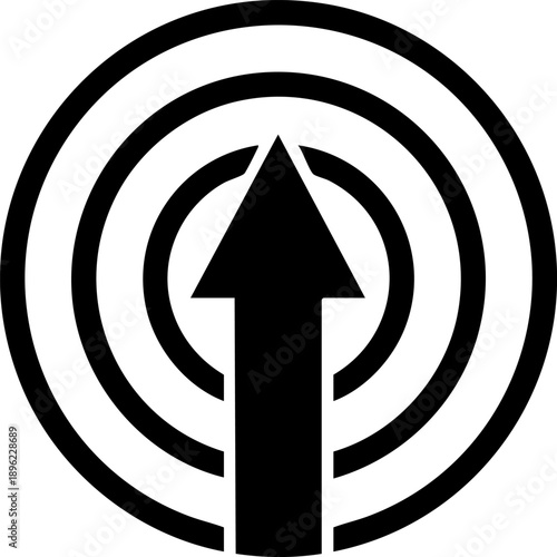 Rising arrow through rings silhouette isolated on white background minimalist sequential milestones and business growth illustration