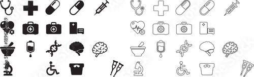 Collection of Black Medical and Healthcare Vector Icons. Solid Fill and Outline Styles. isolated PNG with Transparent Background