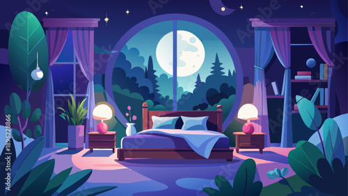 Very beautiful romantic bedroom scene beneath a luminous full moon, surrounded by lush trees and a starry night sky, with softly glowing bedside lights creating a dreamy and intimate atmosphere.