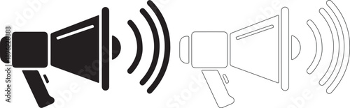 Megaphone Speaker Vector Icon Set with Sound Waves in Black and Outline isolated PNG with Transparent Background