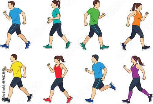People, Running, Walking, Jogging, Athlete, Set, Vector, Illustration, Fitness, Active, Lifestyle, Movement, Exercise, Character