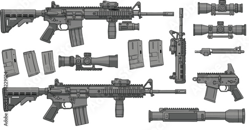 Detailed tactical rifle collection with modular assault rifles scopes magazines suppressors and military equipment accessories, vector