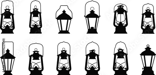 Vintage oil lamp and camping lantern silhouette set, rustic lighting icons, isolated vector illustrations on white background