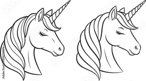 Two stylized line art unicorn heads with flowing manes and horns, symbolizing fantasy, magic, and mythical creatures.