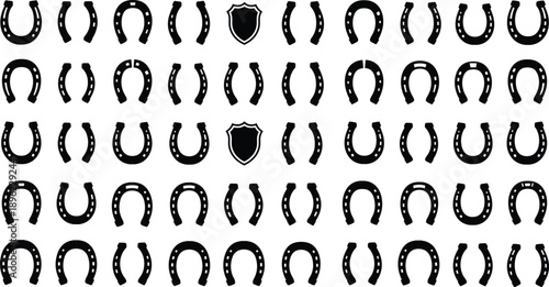 Set of white horseshoe silhouettes and shield icons on black background, equestrian pattern vector collection