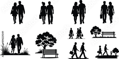 silhouettes, people, walking, sitting, park, trees, benches, grass, nature, outdoor, black and white, couples, families, handbags, casual, relaxed, leisure, strolling, tree
