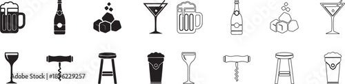 Black and White Drink and Bar Icons Set. Minimalist Alcohol Beverage and Pub Vector Symbols Collection. isolated PNG with Transparent Background