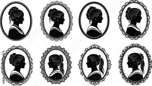 Vintage lady silhouette cameo collection with elegant oval frames, Victorian style portrait icons on white background
