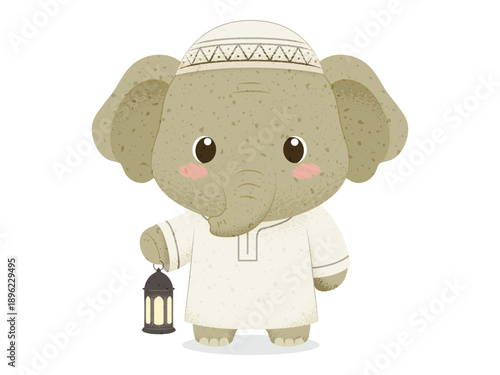 Cute Kawai Cartoon Elephant Character Wearing Muslim Attire and Thobe Holding Ramadan Lantern, Islamic Greeting Vector Illustration