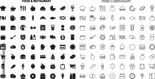 Mega Set of Food and Restaurant Icons. Modern Line Art and Solid Style Vector Collection. isolated PNG with Transparent Background