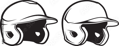 Two line art illustrations of baseball batting helmets, representing sports equipment, protection, and safety in play.