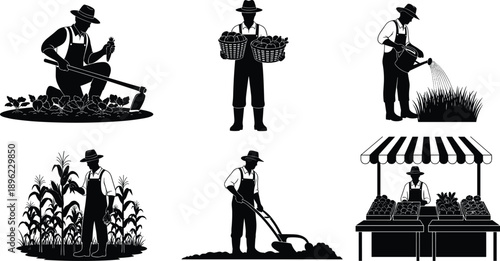 Farmer working on agriculture farm, harvesting vegetables, watering plants, field cultivation silhouettes, market stall scene, cad drawing, flat vector illustration