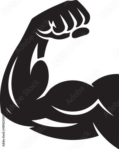 Powerful black silhouette of a muscular arm flexing its bicep, a strong symbol of strength, fitness, and bodybuilding.