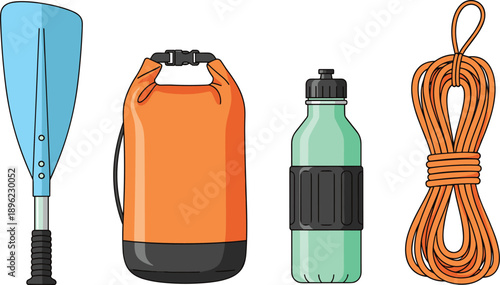 Outdoor rafting and water sports gear set, adventure equipment vector illustration isolated on white background