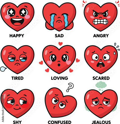 A vibrant collection of cute red heart emoticons illustrating various human emotions and feelings