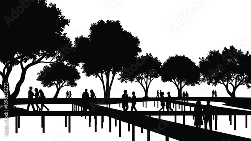 activity, social, gathering, urban, greenery, foliage, branches, trunks, path, recreation, community, evening, serene, calm, peaceful, monochrome, minimalist