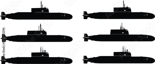 Black submarine silhouette icons set, navy underwater vessel vector illustration isolated on black background