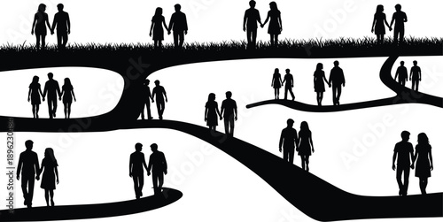 silhouettes, people, walking, holding hands, paths, winding, black, white, couples, groups, grass, outdoor, abstract, minimalist, monochrome, 