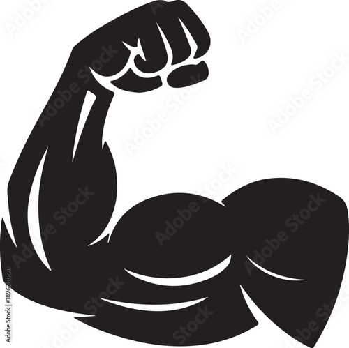 Strong black silhouette of a muscular arm flexing its bicep and clenched fist, a symbol of fitness and strength.