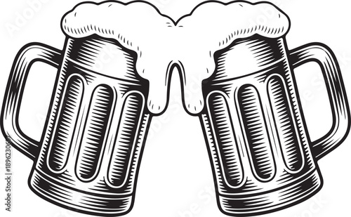 Classic black and white illustration of two beer mugs clinking with frothy foam, symbolizing celebration, friendship, and Oktoberfest.