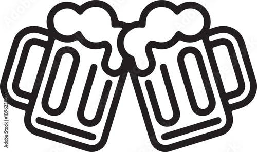 Two overflowing beer mugs toasting with frothy foam, a simple line art illustration perfect for Oktoberfest, pubs, and parties.