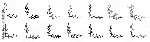 Hand drawn ornamental floral corner doodle set. Branches and leaves divider ethnic collection. Vector rustic simple flourish corner elements.