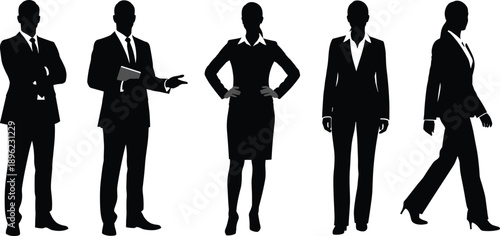 Professional business people silhouettes in formal suits, standing, walking, and gesturing for corporate teamwork, leadership, and office career success
