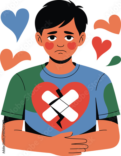 Sad character clutching stomach with broken heart graphic — symbolic emotional pain and healing in colorful vector illustration.