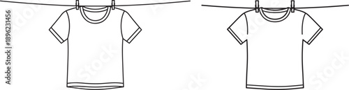 Simple line art illustration of two white t-shirts hanging on a clothesline with clothespins, representing laundry day or clothing icons.