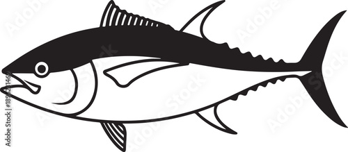 A black and white illustration of a tuna fish on a transparent background