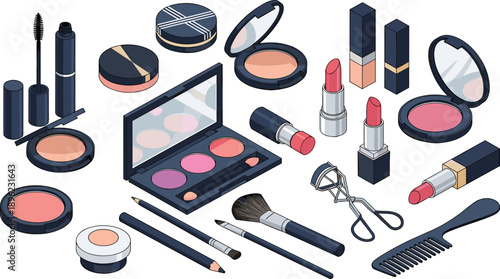 Isometric Makeup and Cosmetics Set, Beauty Products Collection, Lipstick, Palette, Face Care