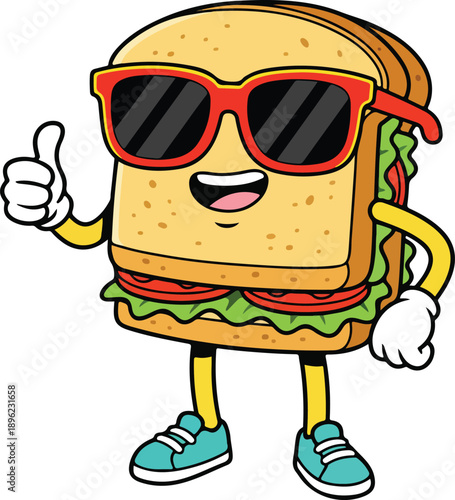 A cool and happy cartoon sandwich character wearing sunglasses gives a friendly thumbs-up gesture