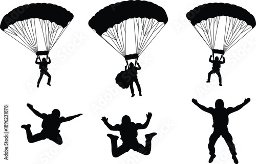 Skydiver and Parachutist Silhouettes Set, Freefall Skydiving Man, Parachute Canopy Descent Vector Illustration