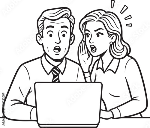 Business colleagues sharing a secret or shocking news while looking at a laptop