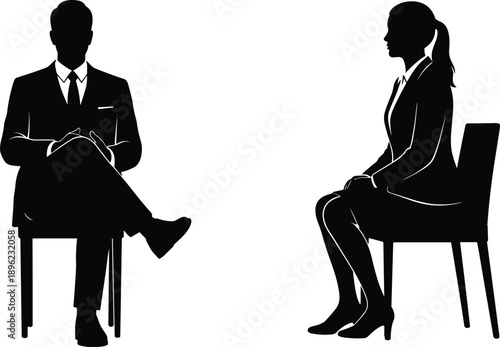Professional business job interview with HR manager and female candidate silhouettes in formal office attire for corporate recruitment