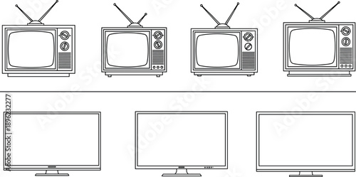Set of retro vintage television icons and modern flat screen monitors vector, technology evolution display,