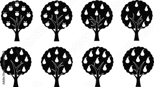Black silhouette fruit tree icons set, apple and pear orchard illustrations, minimal vector design for logos, patterns, branding projects use