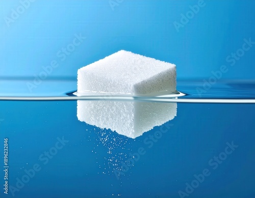 A white sugar cube partially dissolving in clear blue water with granules falling into the liquid