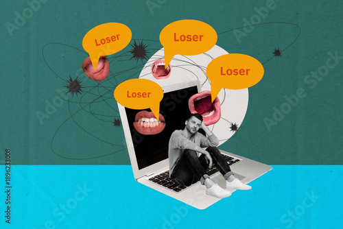 Tableau sur toile Trendy poster art photo collage of puzzled man sit laptop keypad loser mouth bub