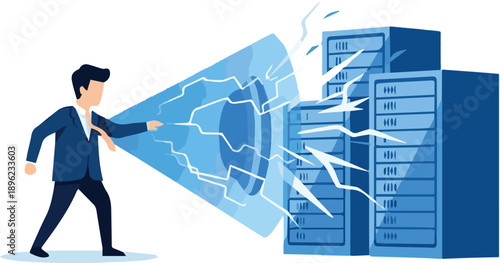 A man in a suit pointing at a server rack with a shocked expression as electricity emanates from it in a dramatic scene.